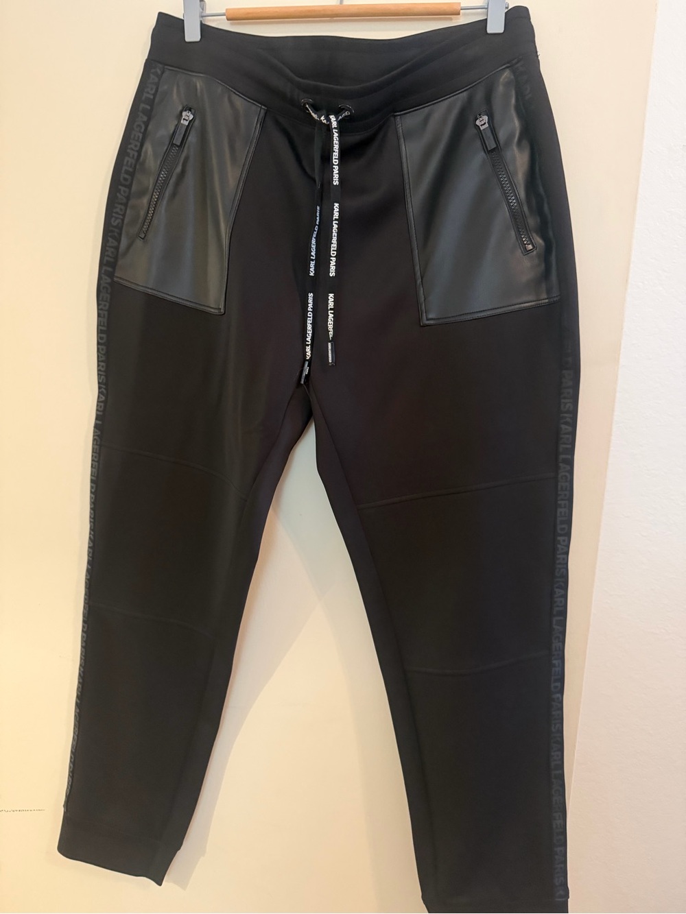 Karl Lagerfeld Black Women’s Jogger Sweatpants with Faux-Leather Pockets